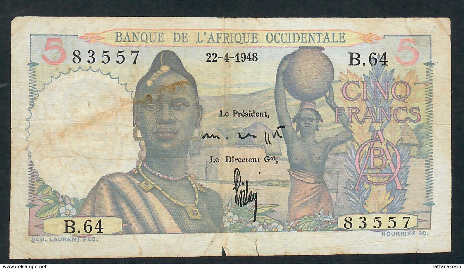 FRENCH WEST AFRICA AOF P36d 5 FRANCS 22.4.1948   FINE - États D'Afrique De L'Ouest