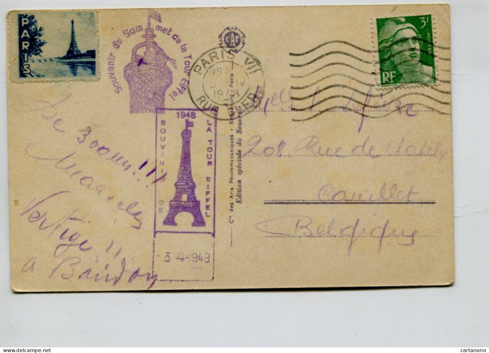 TOUR EIFFEL -  3F Gandon Sur Cp Pour La Belgique Avec Cachet Violet Tour Eiffel 1948 + Vignette - Monumentos