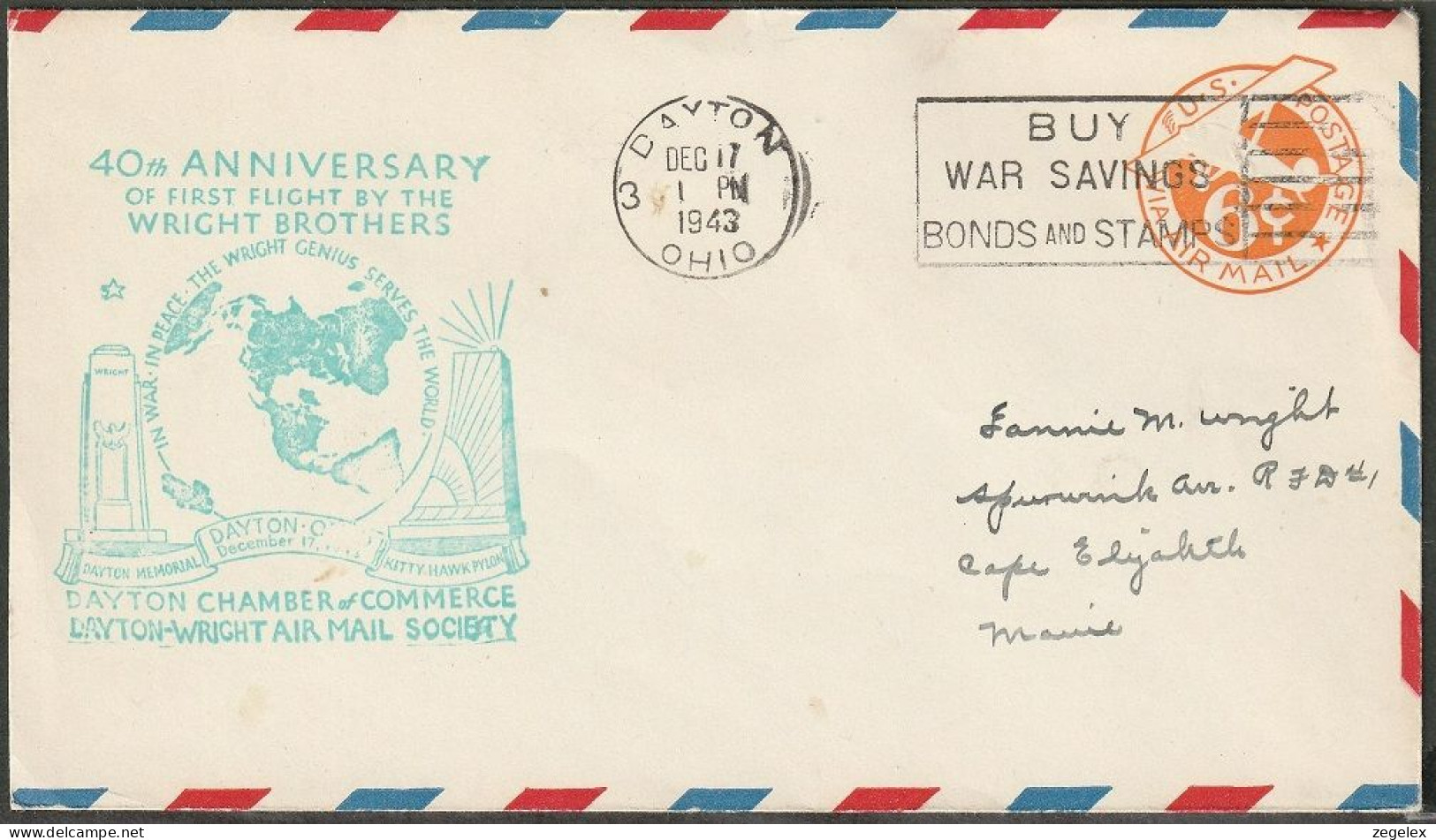 United States - Postal Stationary. 1943 Airmail 40th  Anniversary Of First Flight By Wright Brothers.  Scott UC3  - 1921-40