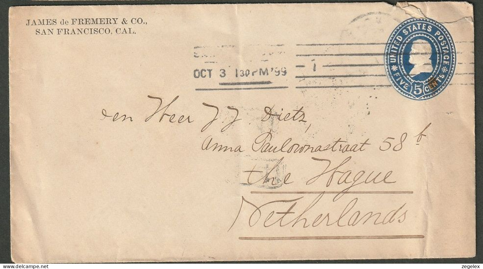 United States - Postal Stationary - 1898 - Private Print JAMES De FREMERY & CO. San Francisco To The Netherlands - ...-1900