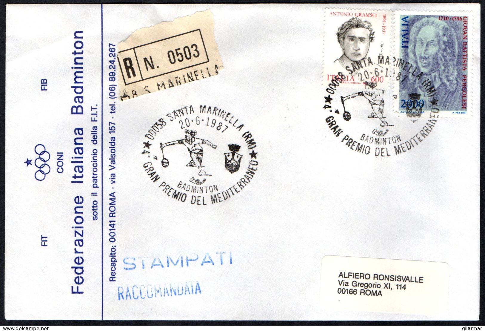 ITALIA SANTA MARINELLA (RM) 1987 - GRAN PREMIO DEL MEDITERRANEO DI BADMINTON - RACCOMANDATA - A - Badminton