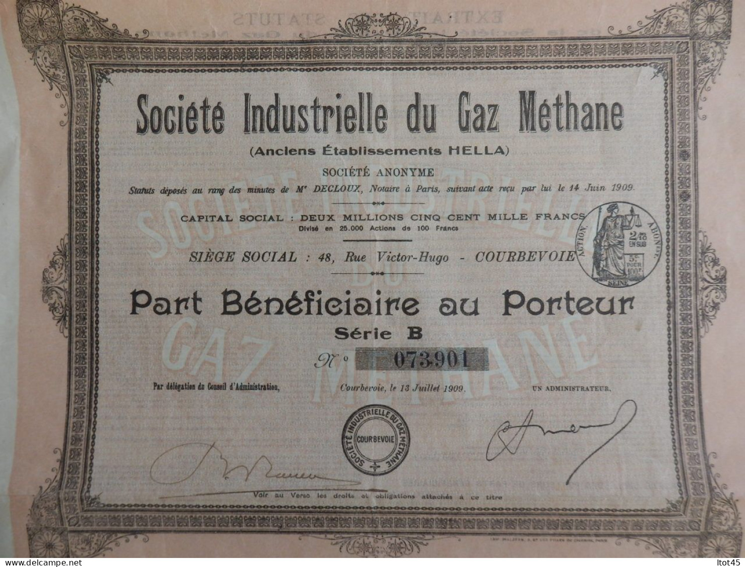 ACTION AU PORTEUR SOCIETE INDUSTRIELLE DU GAZ METHANE - Elektrizität & Gas