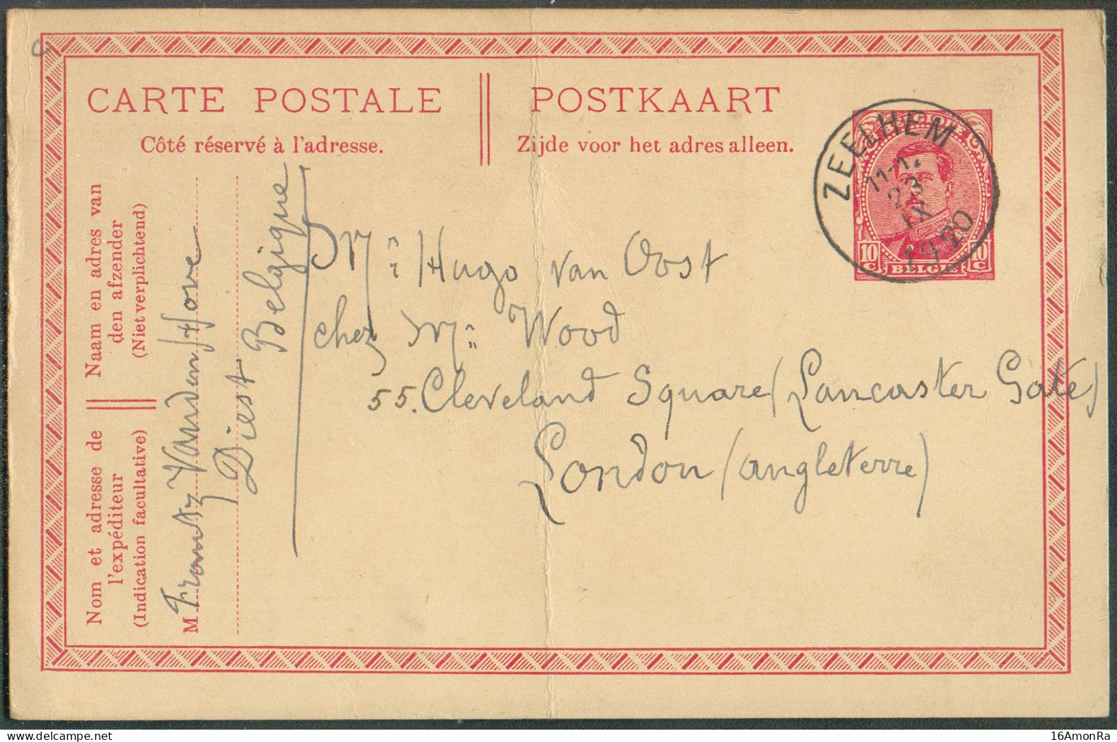 E.P. Carte 10c. Carmin S/crème Obl. Sc ZEELHEM 23-IX-1920 Vers Londres.  Rare. . TB - 21131 - Cartes Postales 1909-1934