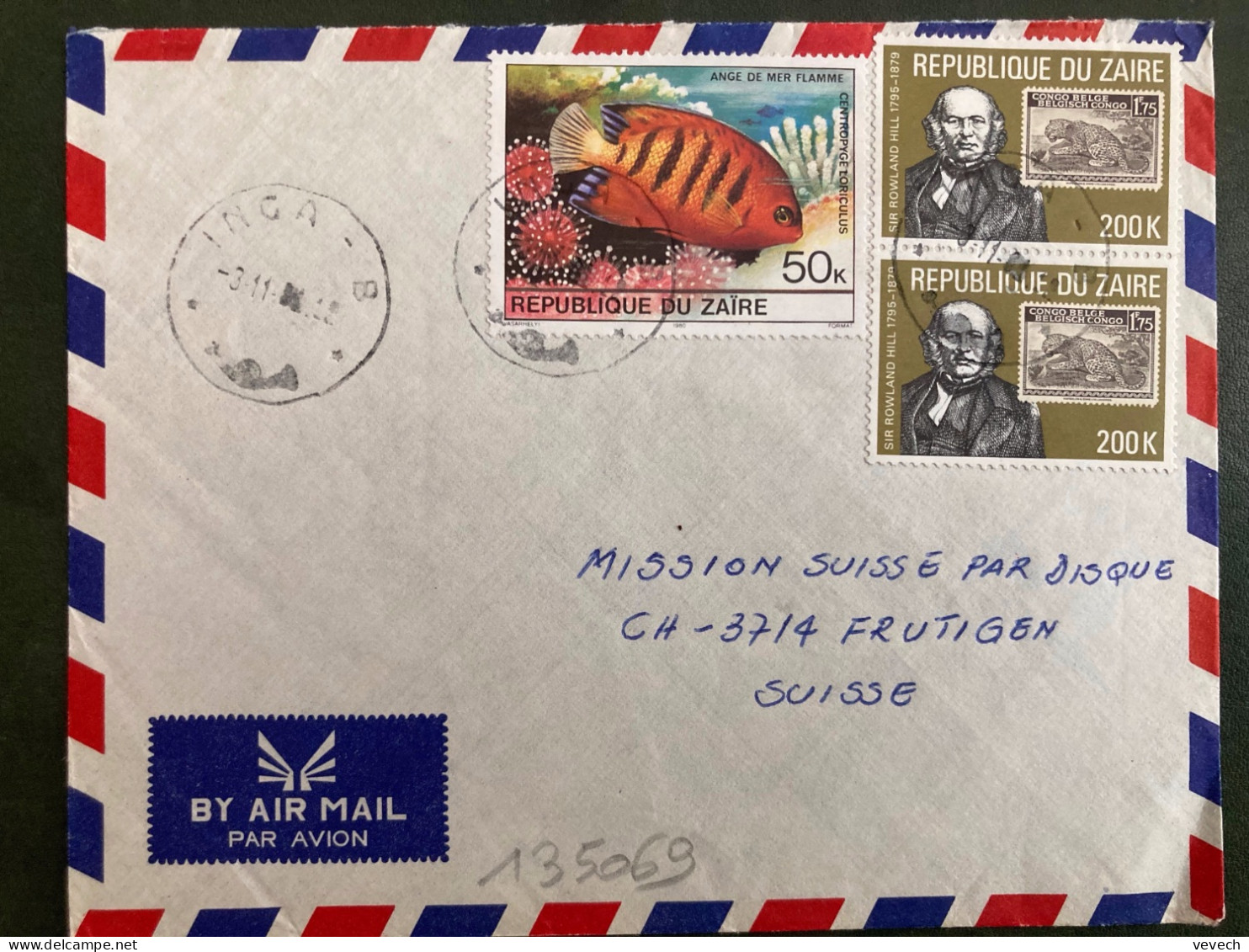 LETTRE Par Avion Pour La SUISSE TP SIR ROLAND HILL 200K Paire + POISSON ANGE DE MER FLAMME 50K OBL.3 11 81 INGA 8 - Lettres & Documents