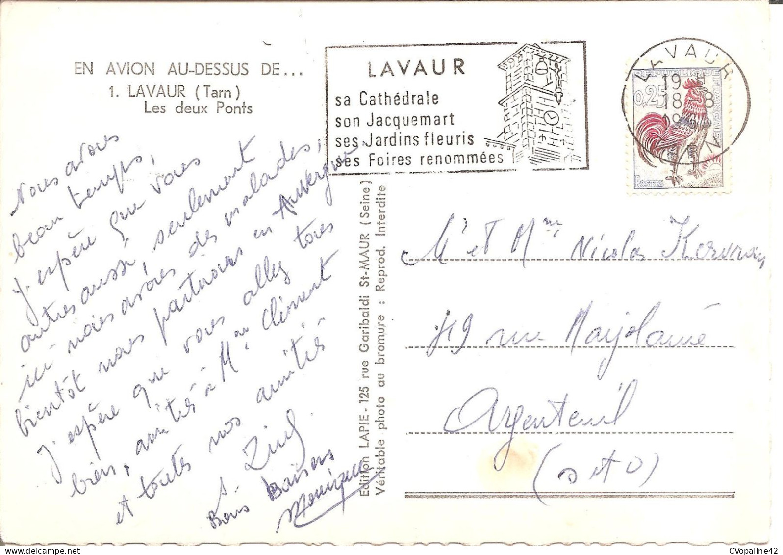 EN AVION AU-DESSUS DE ... LAVAUR (81) Les Deux Ponts En 1965 (Ed: LAPIE) CPSM  GF - Lavaur