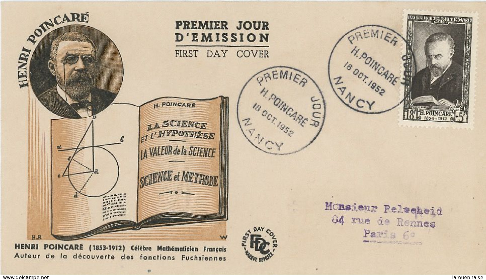FDC- N° 933 - HENRI POINCARE - 18 OCT 1952 - NANCY - 1950-1959