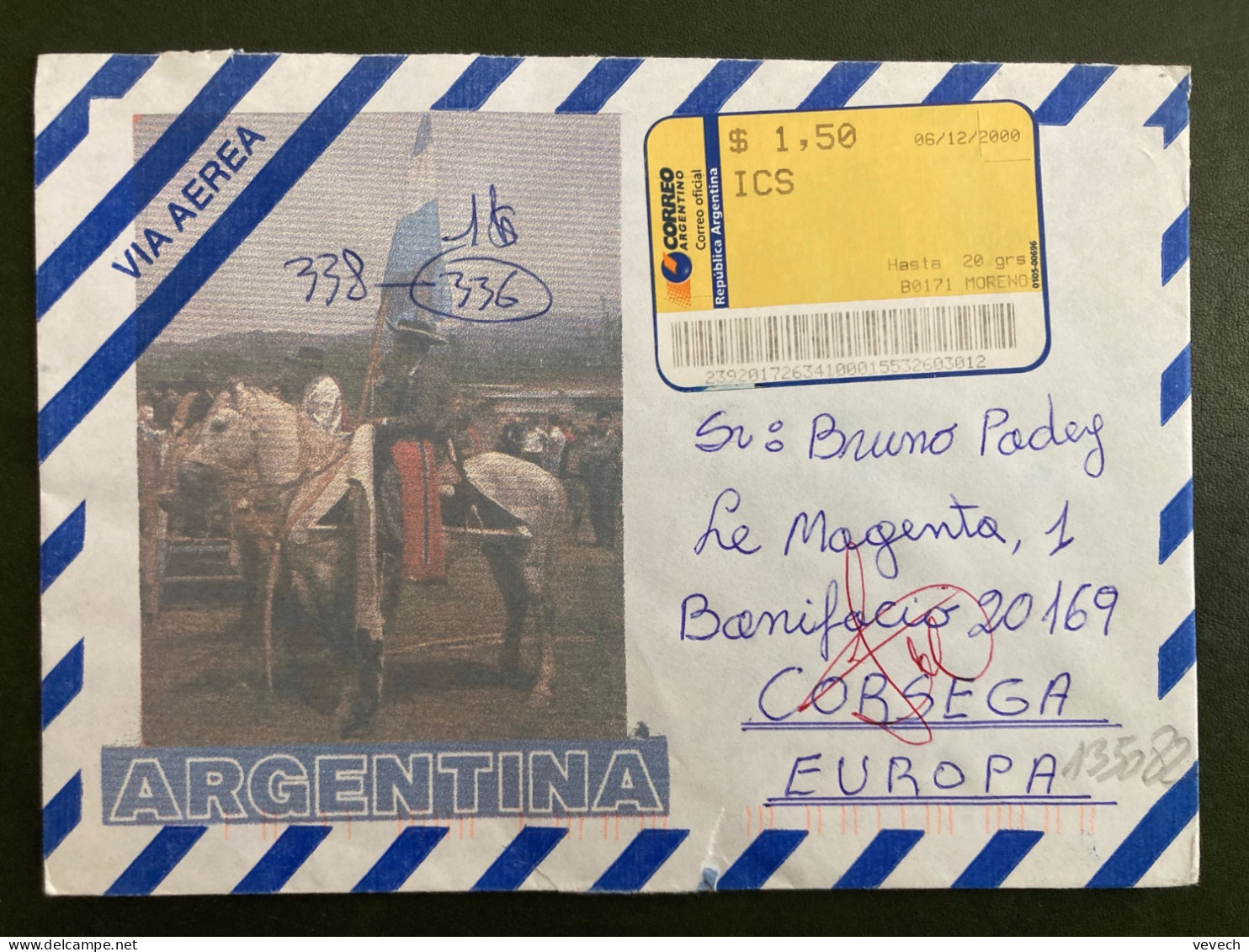 LETTRE Par Avion Pour La FRANCE (CORSE) VIGNETTE à S1,50 Du 06/12/2000 MORENO - Franking Labels