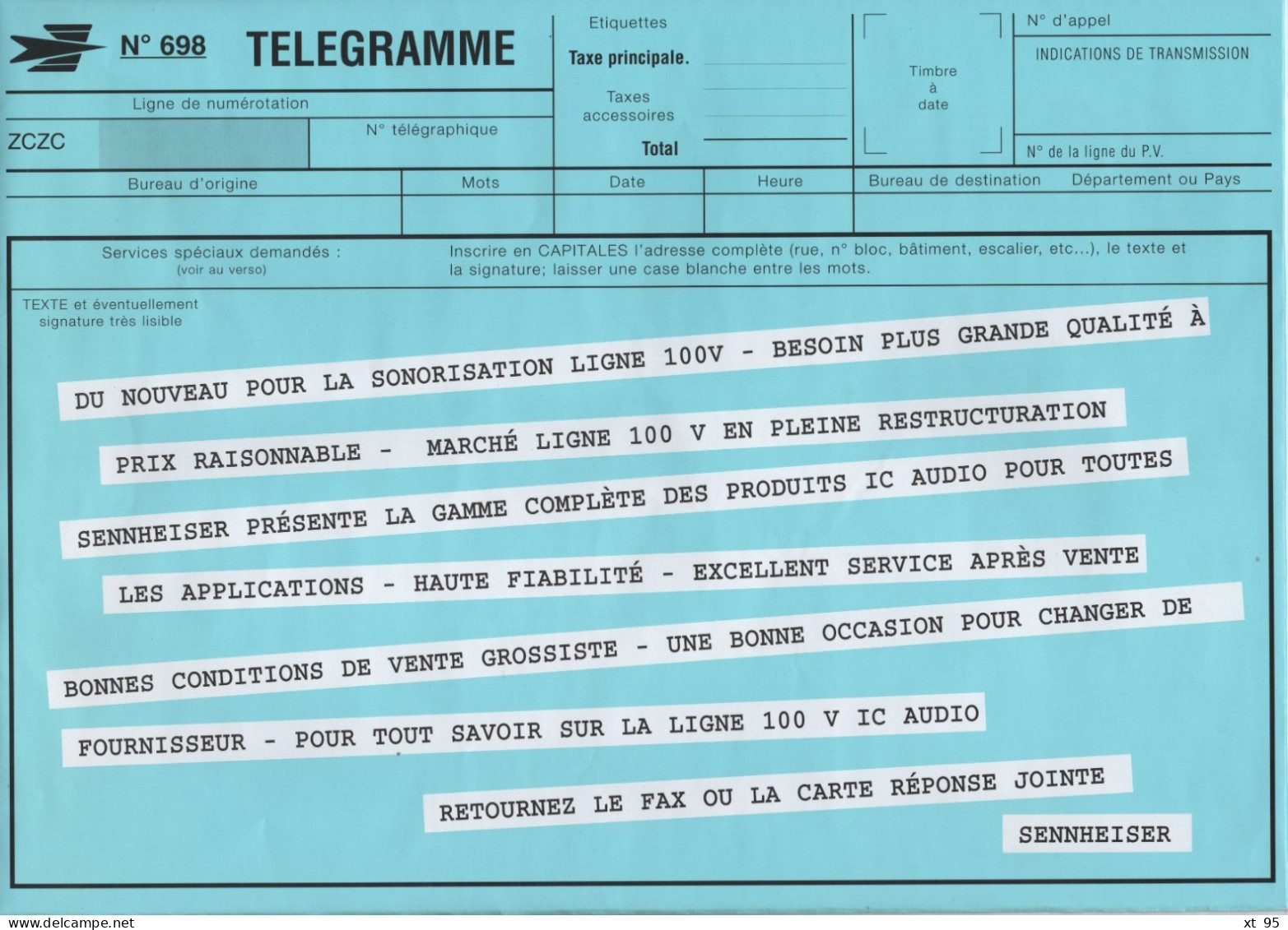 Simili Telegramme (grand Format A4) - Publicite - Sennheiser - Electricite - Télégraphes Et Téléphones