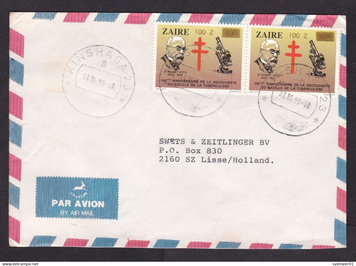 Zaire: Airmail Cover To Netherlands, 1990, 2 Stamps, Koch, TB, Microscope, Value Overprint, Inflation (traces Of Use) - Storia Postale