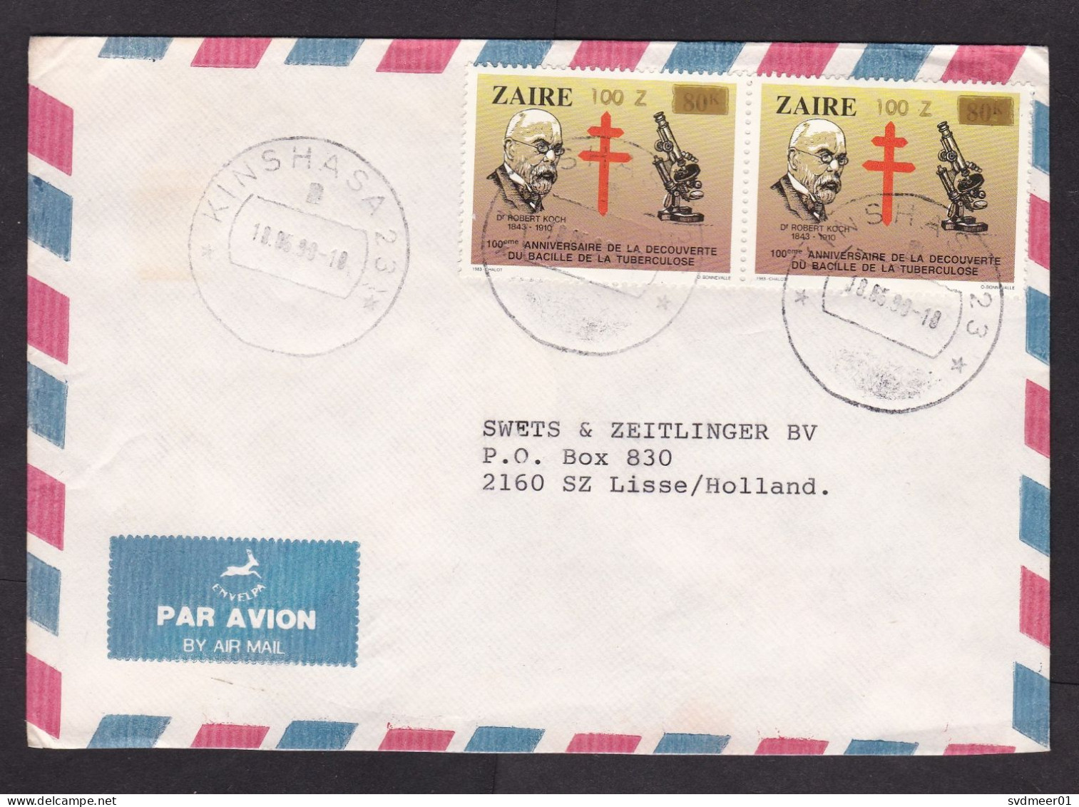 Zaire: Airmail Cover To Netherlands, 1990, 2 Stamps, Koch, TB, Microscope, Value Overprint, Inflation (traces Of Use) - Briefe U. Dokumente