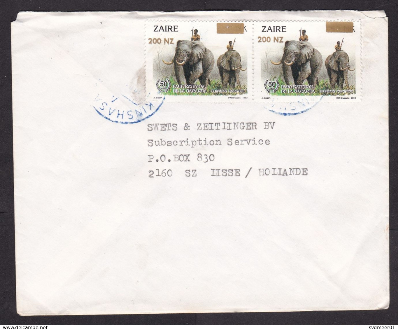 Zaire: Cover To Netherlands, 1990s, 2 Stamps, Elephant, National Park, Value Overprint, Inflation (minor Damage) - Briefe U. Dokumente