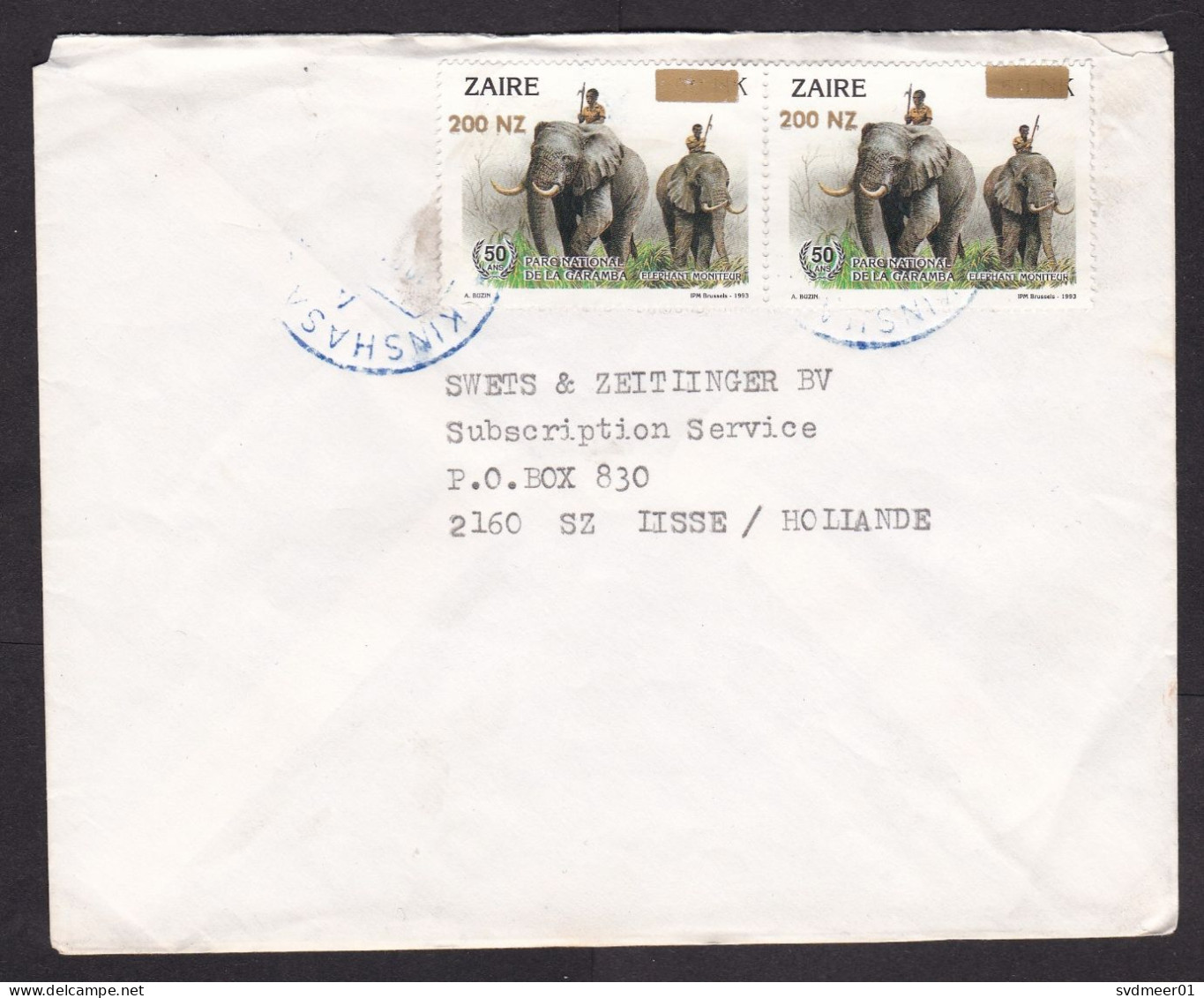 Zaire: Cover To Netherlands, 1990s, 2 Stamps, Elephant, National Park, Value Overprint, Inflation (minor Damage) - Covers & Documents