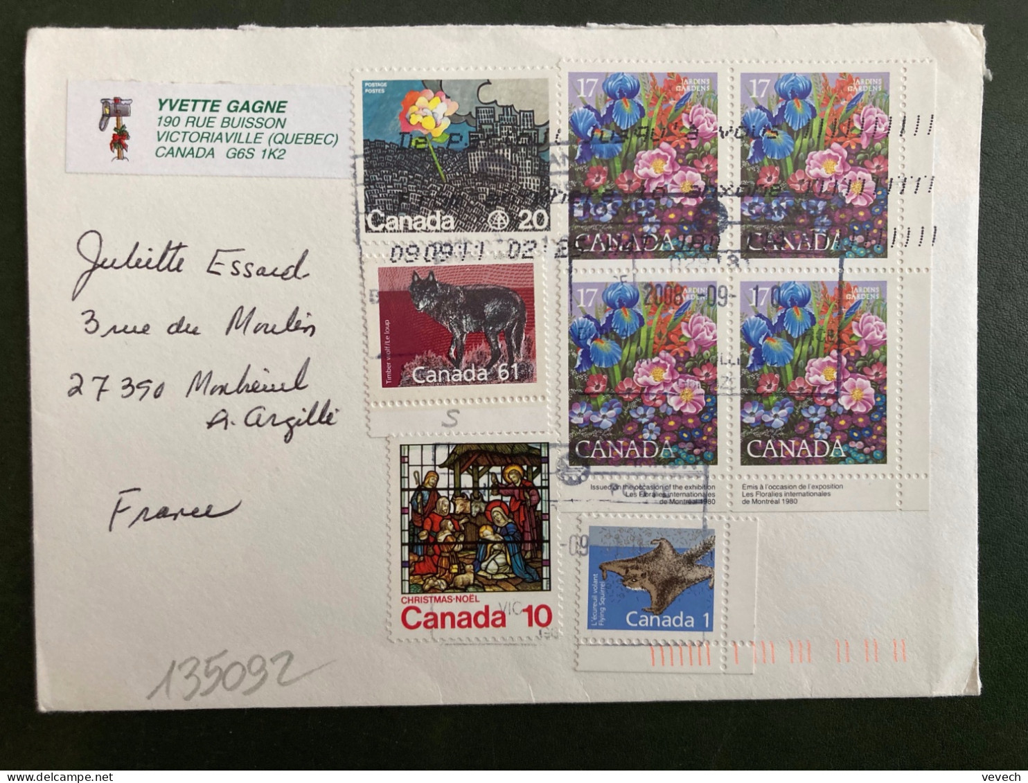 LETTRE Pour La FRANCE TP FLORALIES MONTREAL 17 Bloc De 4 + FLEUR 20 + LOUP 61 + ECUREUIL 1 + NOEL 10 OBL.2008 09 10 - Covers & Documents