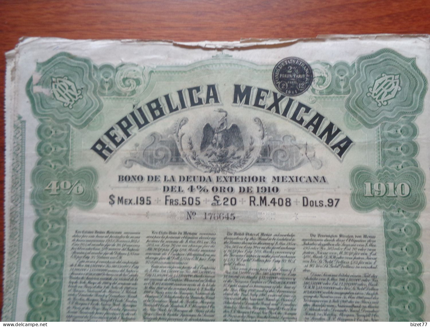 MEXIQUE - MEXICO 1910 - 3 TITRES - BONO DE LA DEUDA EXTERIOR MEXICANA - TITRE DE 505 FRS , 4% OR 1910 - Other & Unclassified