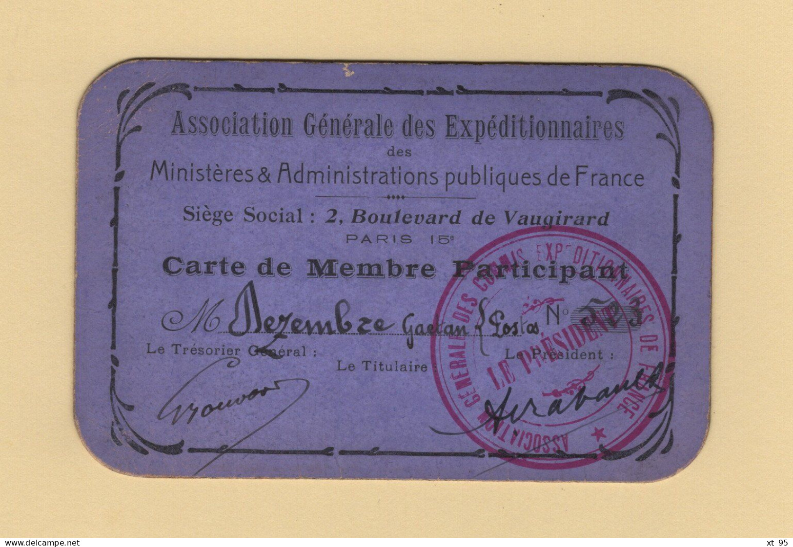 Carte De Membre Participant - Association Generale Des Expeditionnaires - Commis Expeditionnaire - Postes - Mitgliedskarten