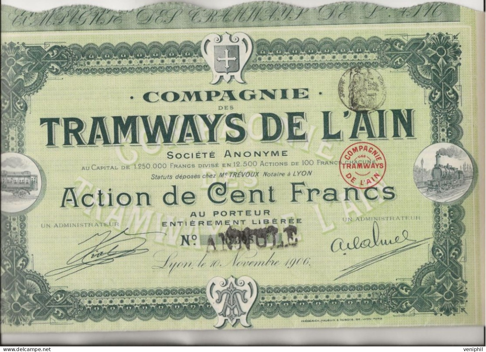 COMPAGNIE DES TRAMWAYS DE L'AIN  -ACTION DE CENT FRANCS - ANNEE 1906 - Bank & Versicherung