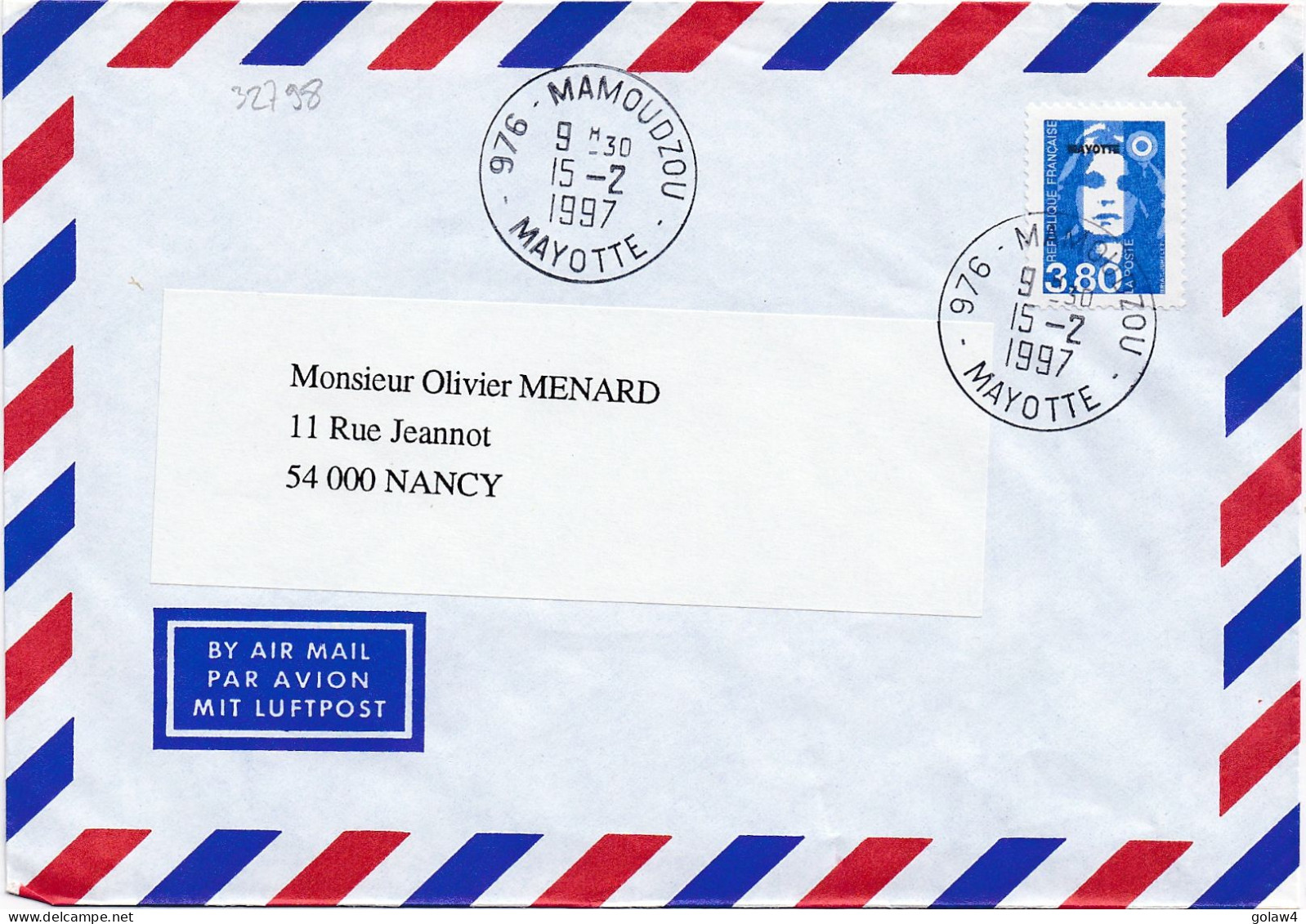 32798# MARIANNE BRIAD 3,80 LETTRE Obl 976 MAMOUDZOU MAYOTTE 1997 NANCY MEURTHE MOSELLE - Lettres & Documents