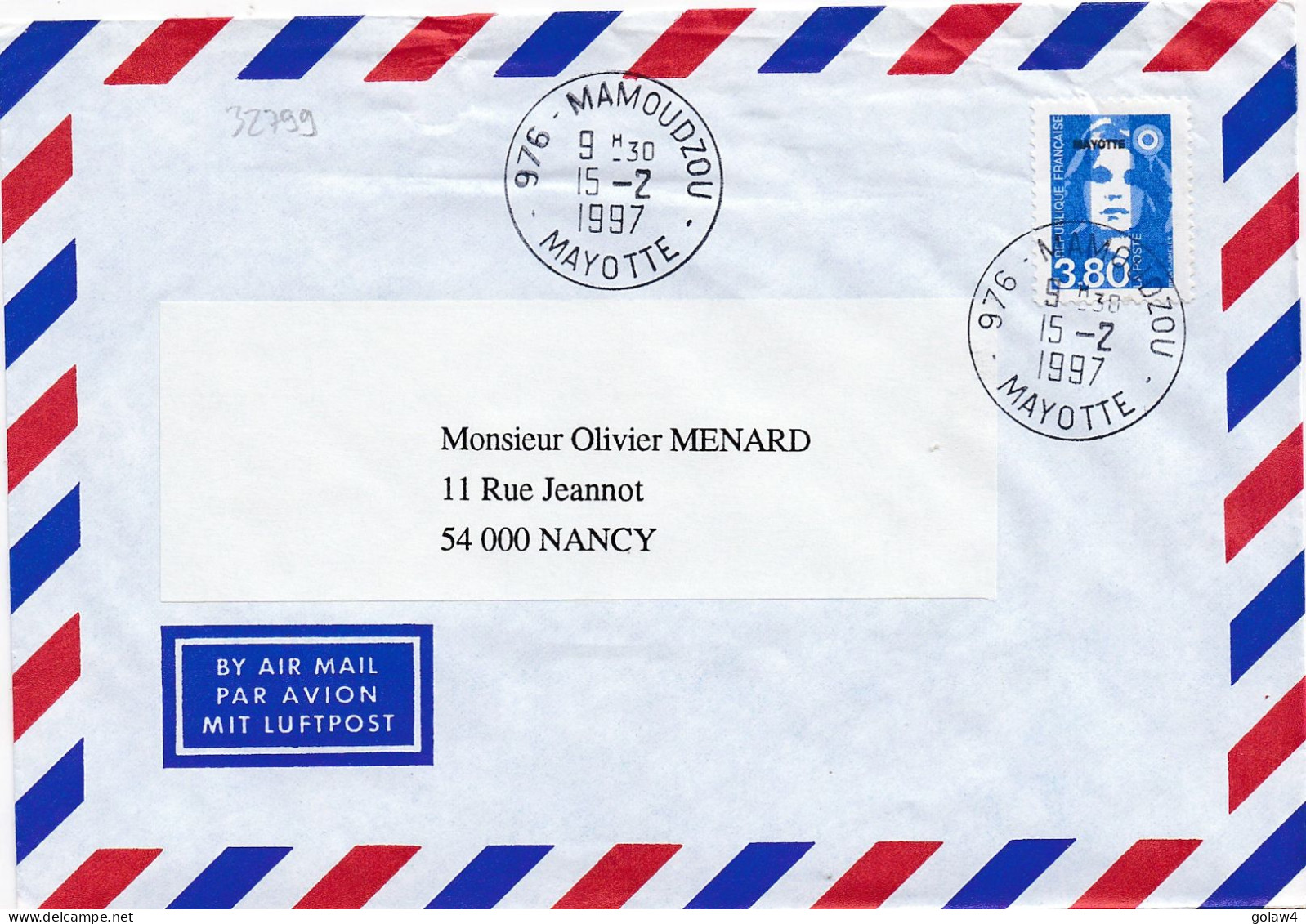 32799# MARIANNE BRIAD 3,80 LETTRE Obl 976 MAMOUDZOU MAYOTTE 1997 NANCY MEURTHE MOSELLE - Storia Postale