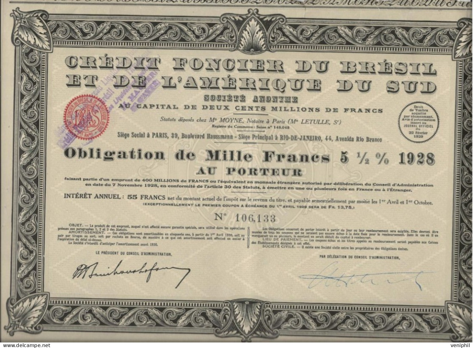 CREDIT FONCIER DU BRESIL ET DE L'AMERIQUE DU SUD - OBLIGATION DE 1000 FRS 5 1/2% -ANNEE 1929 - Sonstige & Ohne Zuordnung