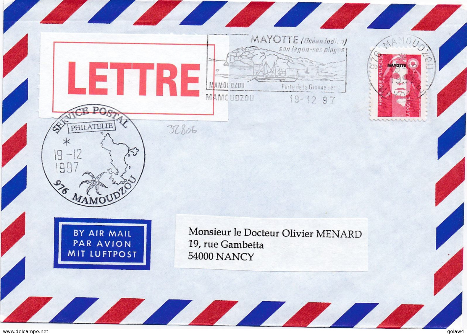 32806# MARIANNE BRIAD VALEUR PERMANENTE LETTRE 976 MAMOUDZOU MAYOTTE 1997 SON LAGON SES PLAGES NANCY MEURTHE MOSELLE - Lettres & Documents