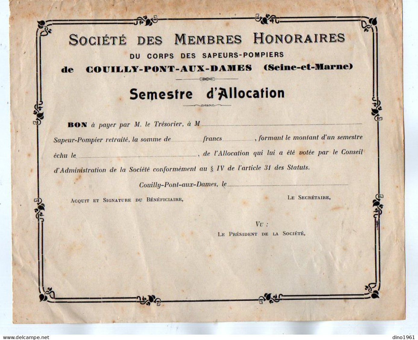 VP22.190 - 19?? - Bon Vierge De La Société Des Membres.. Du Corps Des Sapeurs - Pompiers De COUILLY - PONT - AUX - DAMES - Feuerwehr