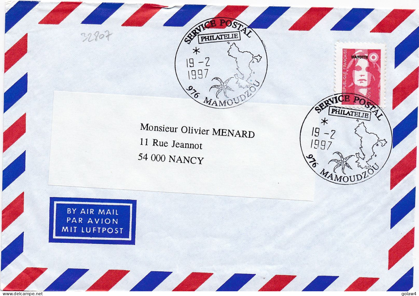 32807# MARIANNE BRIAD VALEUR PERMANENTE LETTRE 976 MAMOUDZOU MAYOTTE 1997 SON LAGON SES PLAGES NANCY MEURTHE MOSELLE - Lettres & Documents