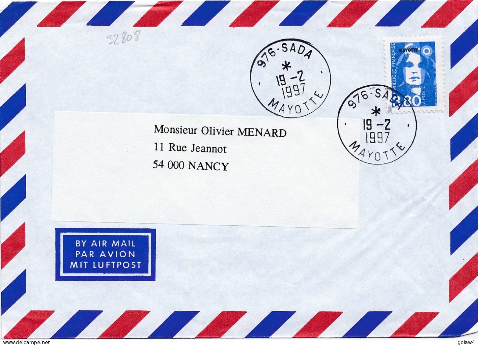 32808# MARIANNE BRIAD 3,80 Francs LETTRE Obl 976 SADA MAYOTTE 1997 NANCY MEURTHE MOSELLE - Brieven En Documenten