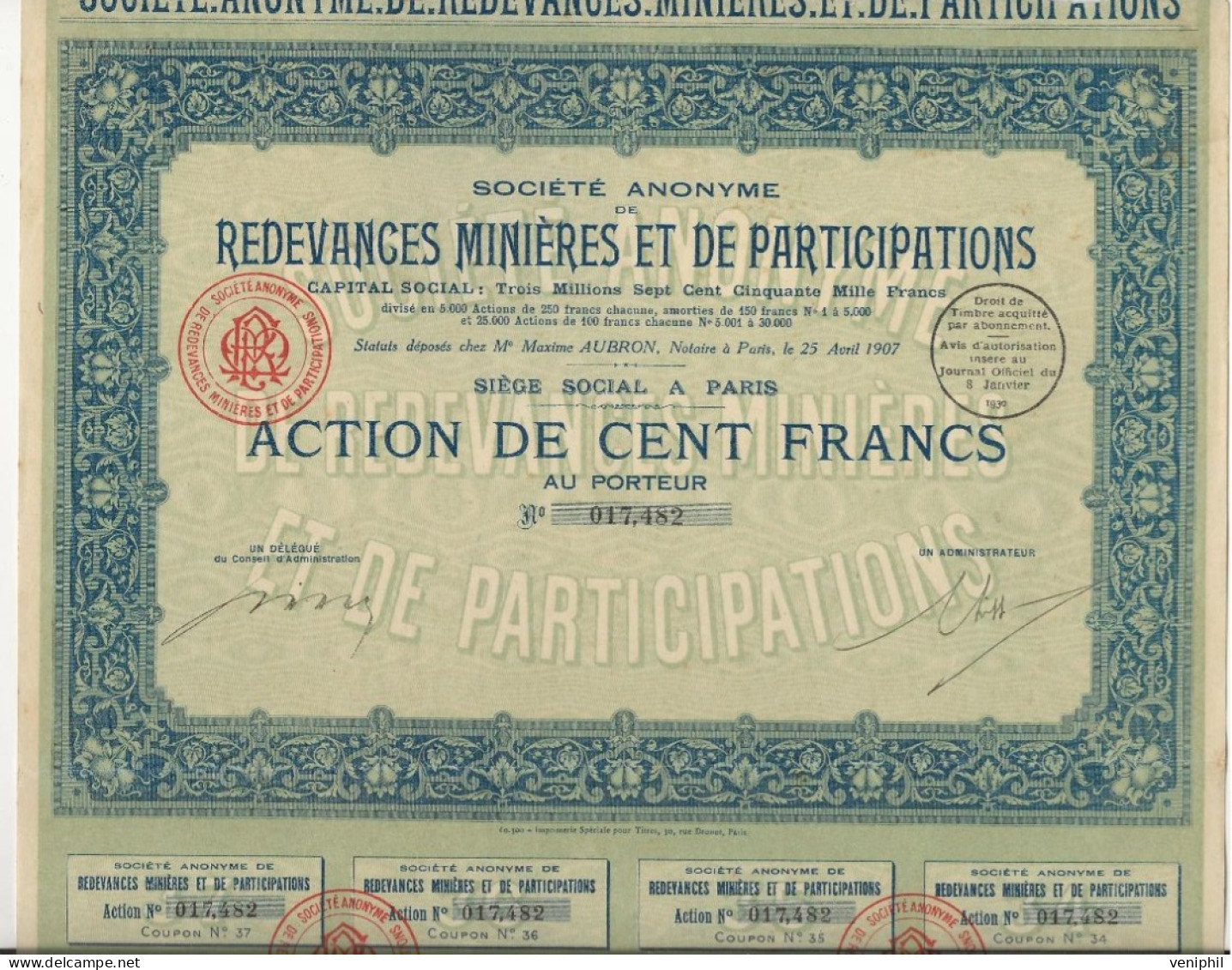 REDEVANCES MINIERES ET DE PARTICIPATIONS -  ACTION DE CENT FRANCS-ANNEE 1907 - Mines