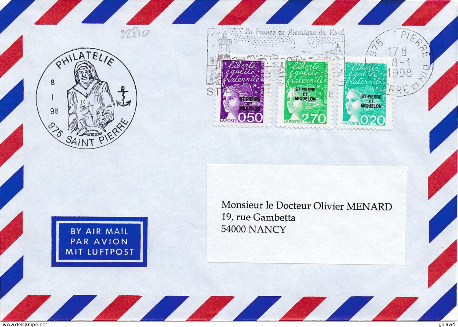 32810# MARIANNE JUMELET LETTRE Obl 975 ST PIERRE ET MIQUELON 1998 PHILATELIE NANCY MEURTHE MOSELLE - Covers & Documents