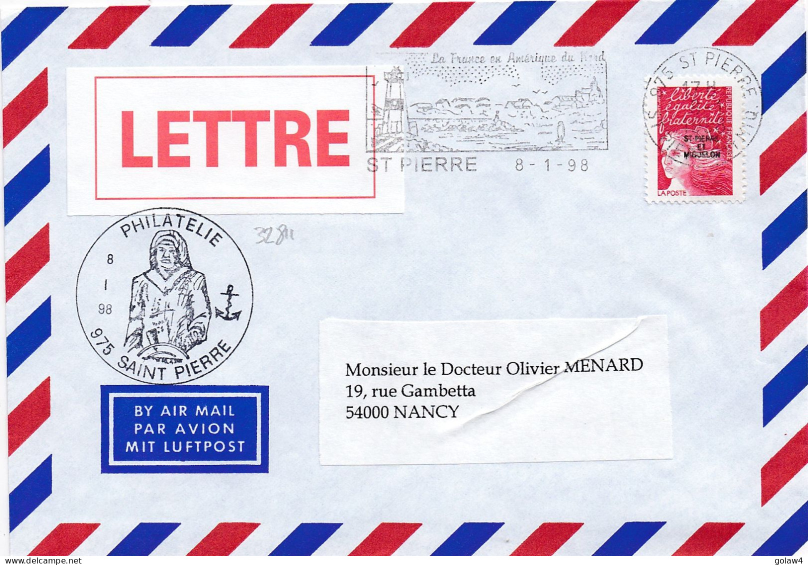 32811# MARIANNE JUMELET VALEUR PERMANENTE LETTRE Obl 975 ST PIERRE ET MIQUELON 1998 PHILATELIE NANCY MEURTHE MOSELLE - Briefe U. Dokumente