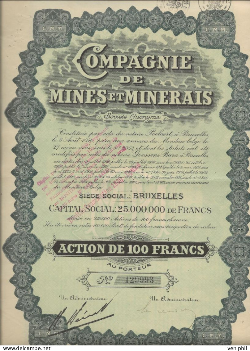COMPAGNIE DE MINES ET MINERAIS - ACTION DE 100 FRANCS   ANNEE 1928 - Mineral