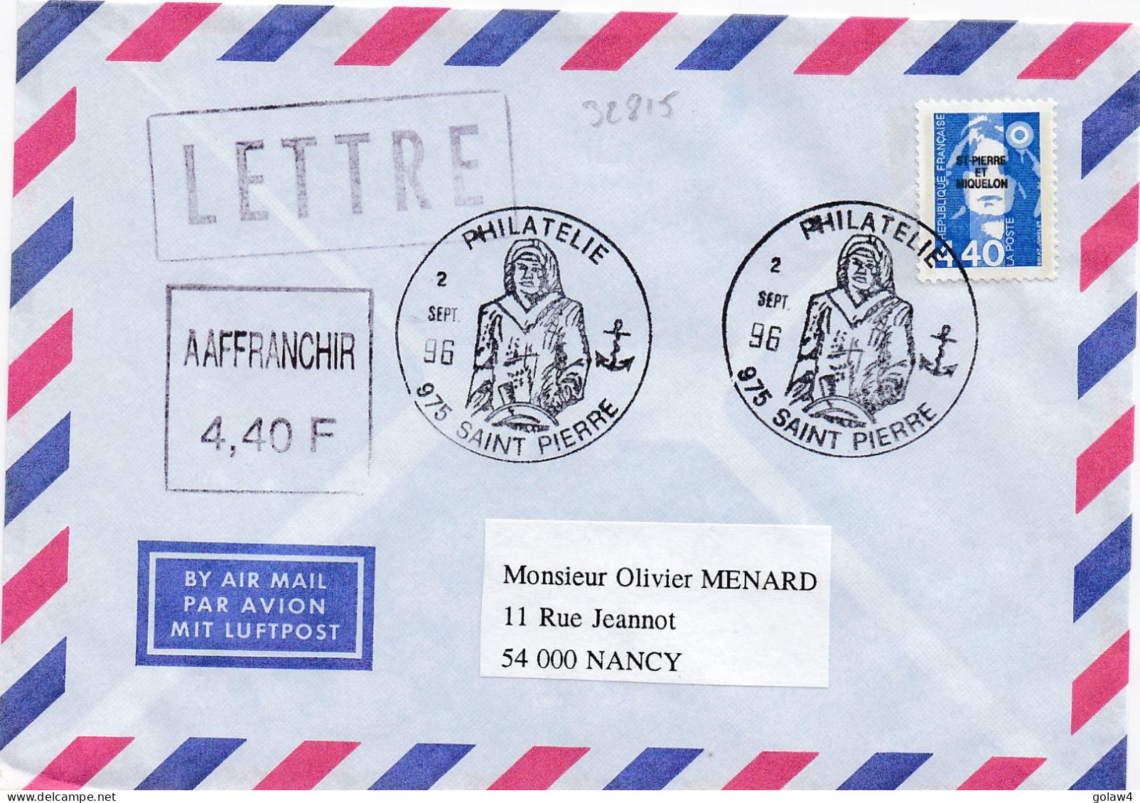 32815# MARIANNE BRIAT 4,40 Francs LETTRE Obl 975 ST PIERRE ET MIQUELON 1996 PHILATELIE NANCY MEURTHE MOSELLE - Covers & Documents