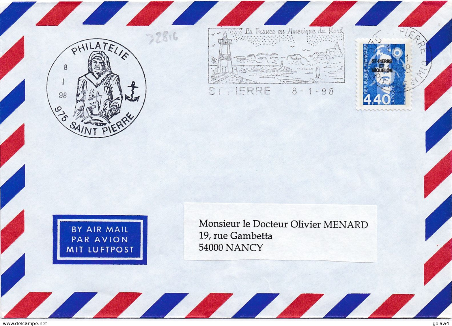 32816# MARIANNE BRIAT 4,40 Francs LETTRE Obl 975 ST PIERRE ET MIQUELON 1998 PHILATELIE NANCY MEURTHE MOSELLE - Covers & Documents