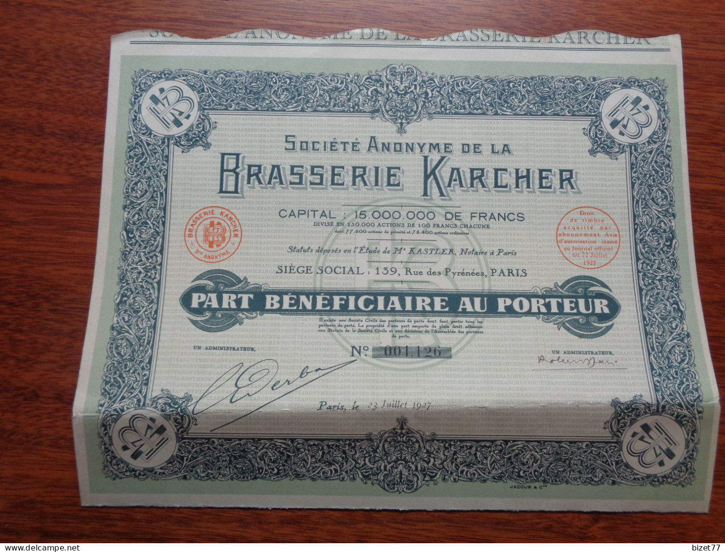 FRANCE - THEME BIERE - BRASSERIE KARCHER - PART BENEFICIAIRE - PARIS 1927 - Other & Unclassified