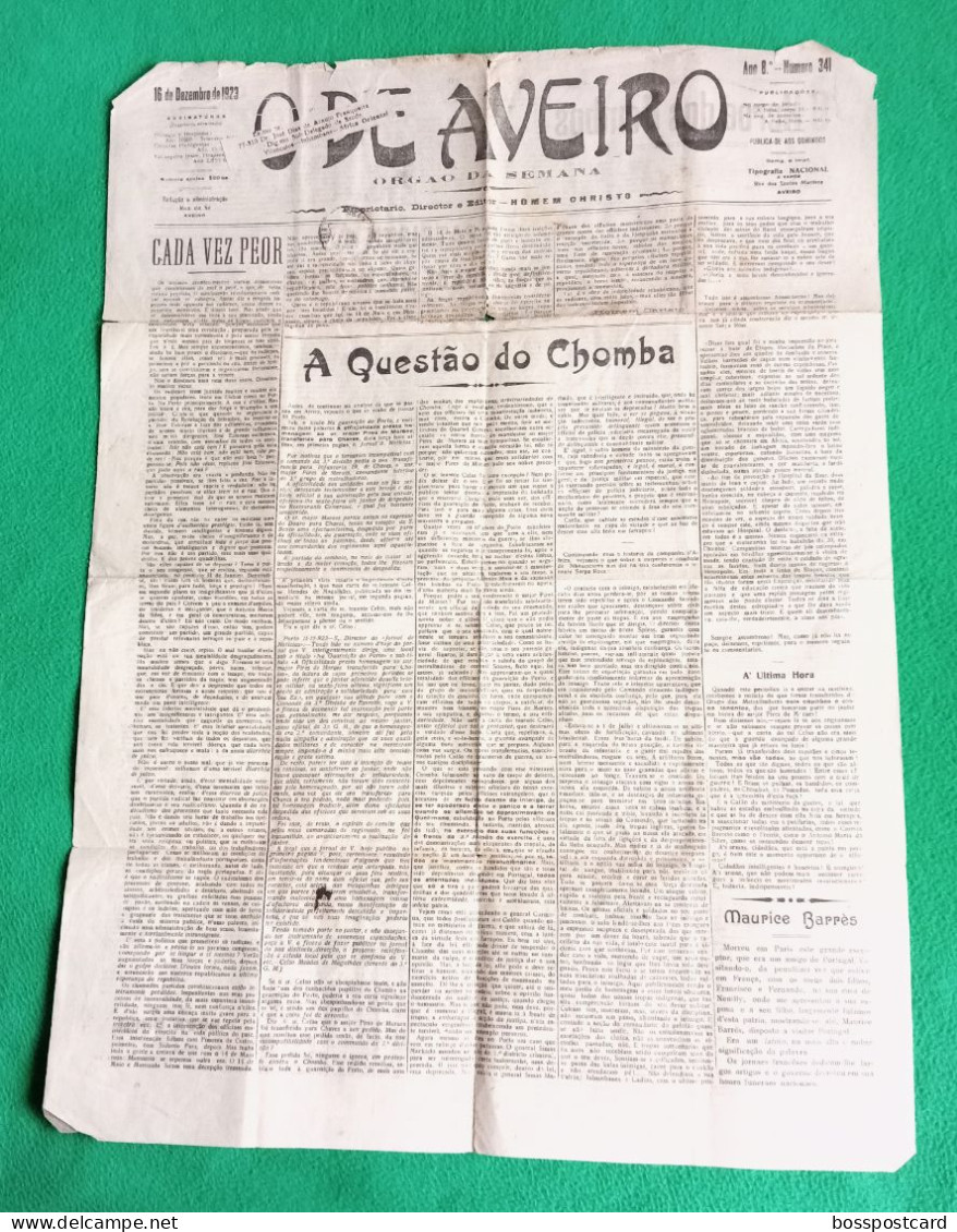 Aveiro - "O De Aveiro" Nº 341 De 16 De Dezembro De 1923 - Imprensa - Portugal - Informations Générales