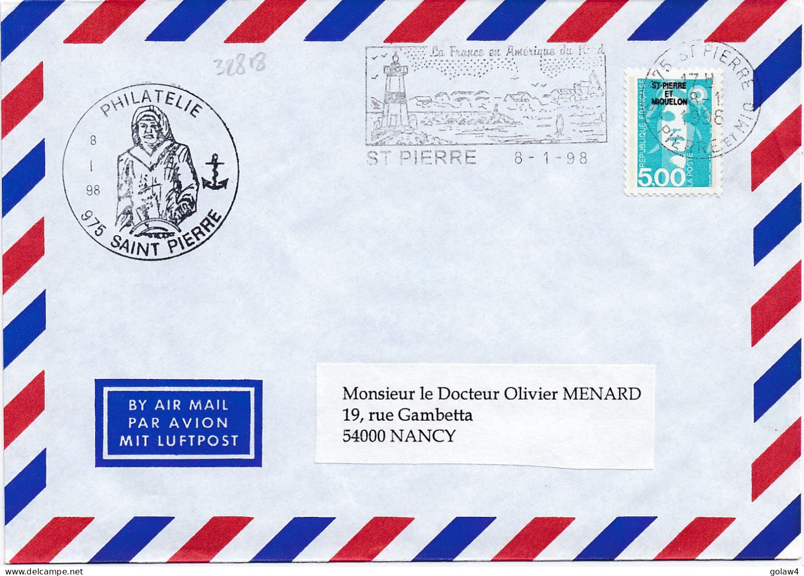 32818# MARIANNE BRIAT 5 Francs LETTRE Obl 975 ST PIERRE ET MIQUELON 1998 PHILATELIE NANCY MEURTHE MOSELLE - Covers & Documents