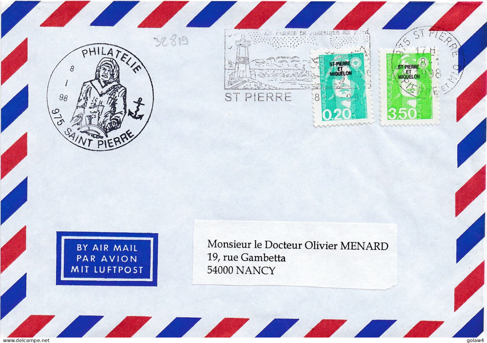 32819# MARIANNE BRIAT LETTRE Obl 975 ST PIERRE ET MIQUELON 1998 PHILATELIE NANCY MEURTHE MOSELLE - Cartas & Documentos