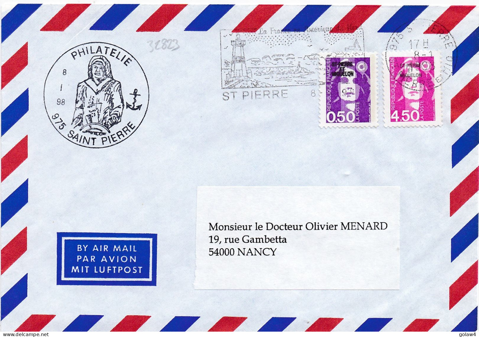 32823# MARIANNE BRIAT LETTRE Obl 975 ST PIERRE ET MIQUELON 1998 PHILATELIE NANCY MEURTHE MOSELLE - Covers & Documents