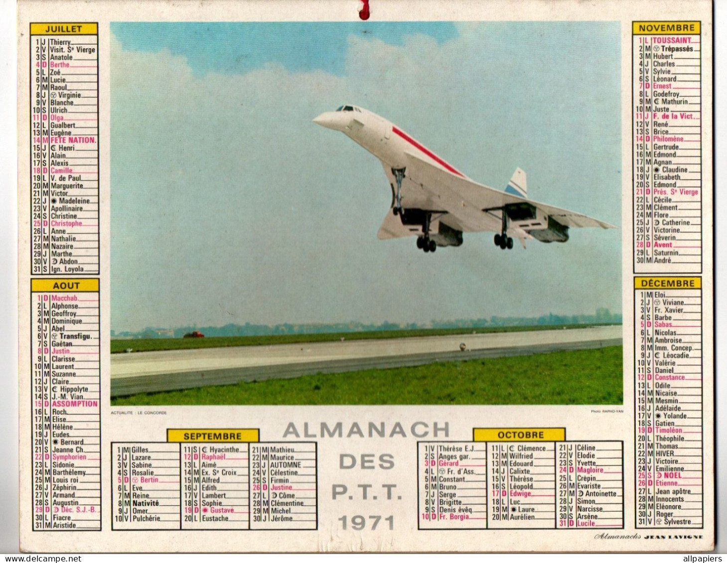 Calendrier Almanach Des P.T.T. 1971 Avec Le Concorde Et Grasse - Complet Du Nord De La France - Big : 1971-80