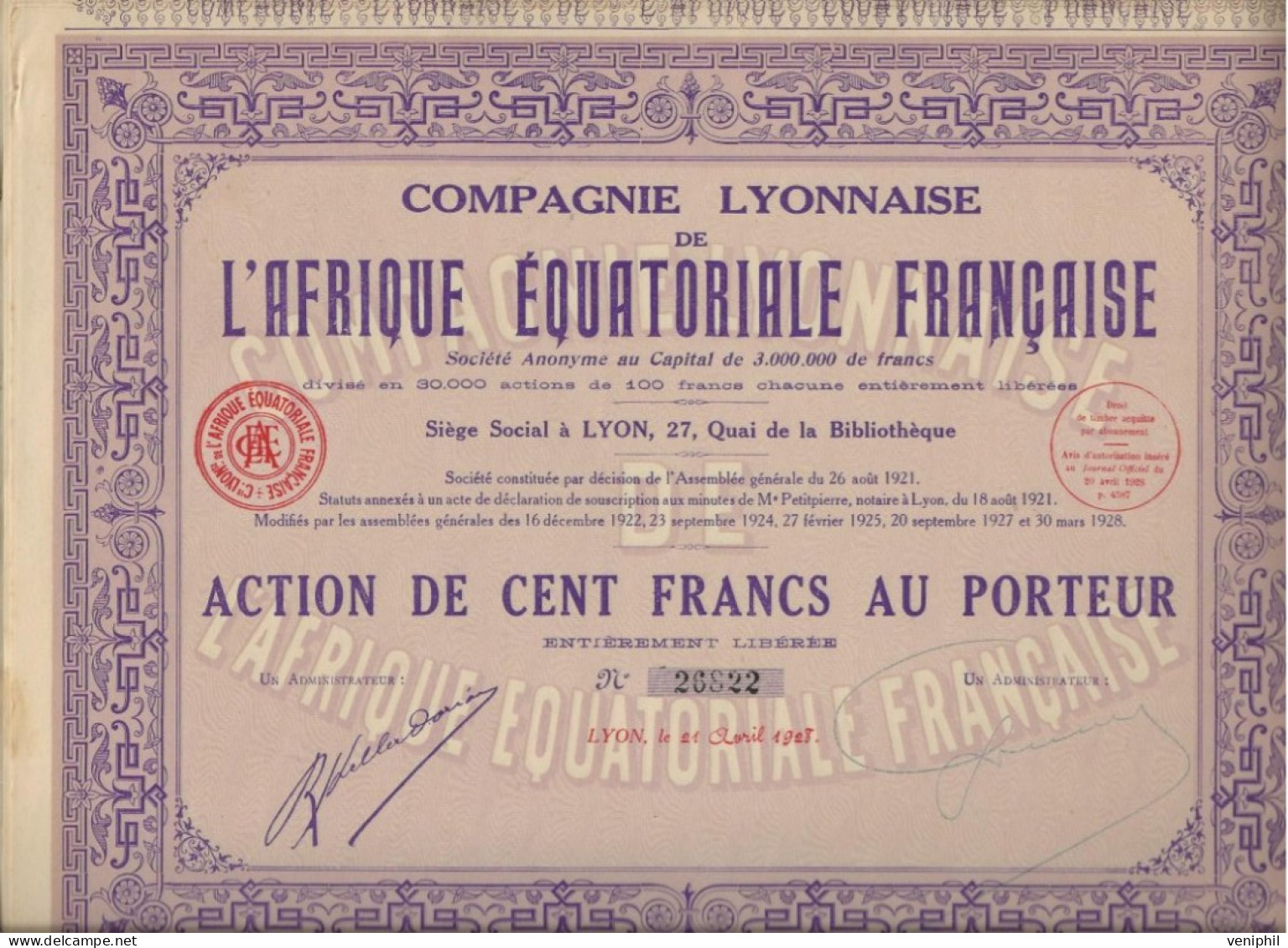 LOT DE 5 ACTIONS DE 100 FRS -COMPAGNIE LYONNAISE DE L'AFRIQUE EQUATORIALE FRANCAISE   ANNEE 1928 - Miniere