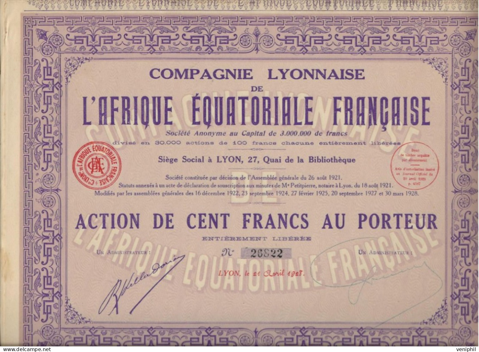 LOT DE 5 ACTIONS DE 100 FRS -COMPAGNIE LYONNAISE DE L'AFRIQUE EQUATORIALE FRANCAISE   ANNEE 1928 - Mines