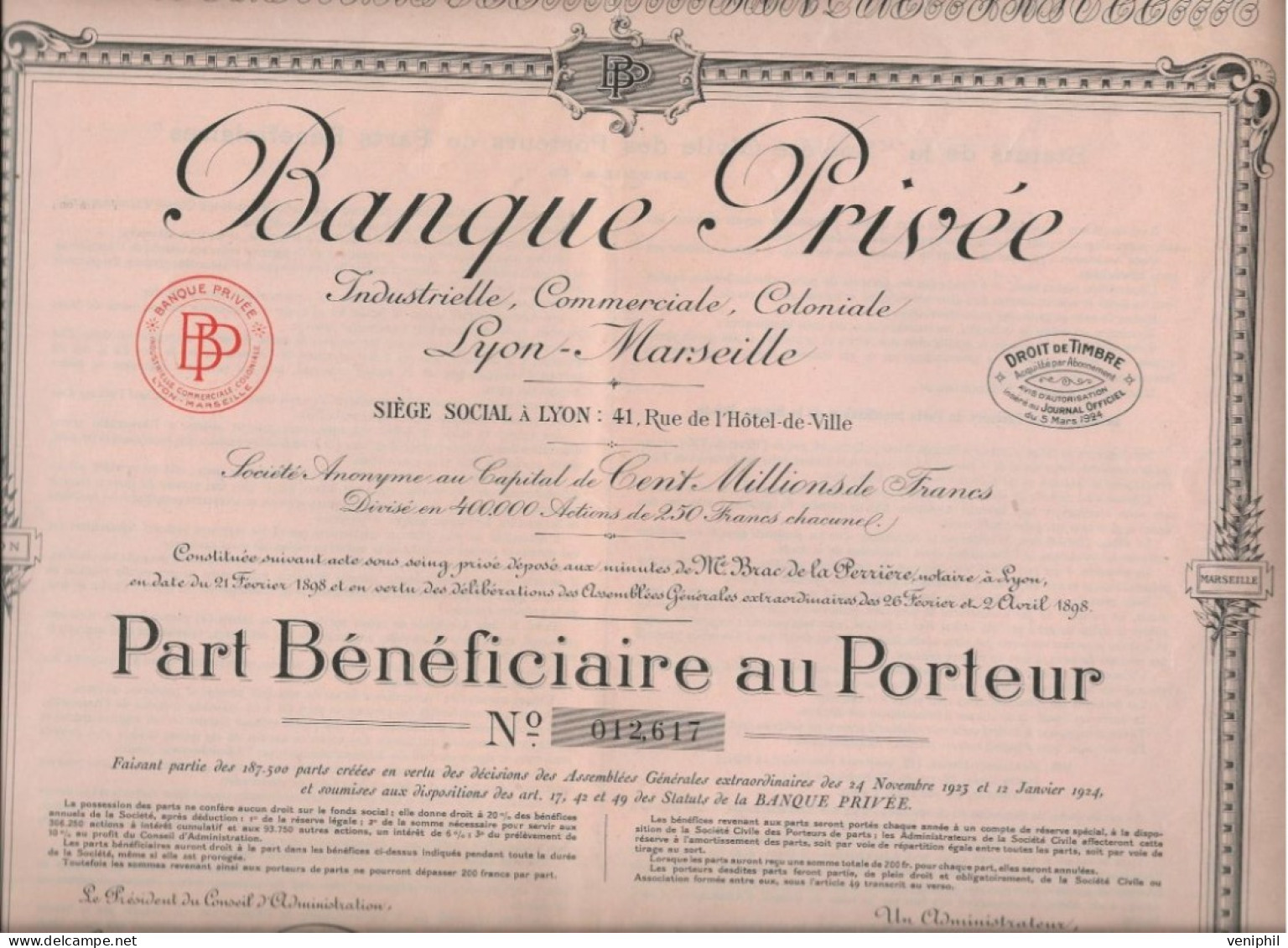 BANQUE PRIVEE INDUSTRIELLE COMMERCIALE, COLONIALE -LYON - MARSEILLE - PART BENEFICIAIRE  ANNEE 1924 - Banque & Assurance