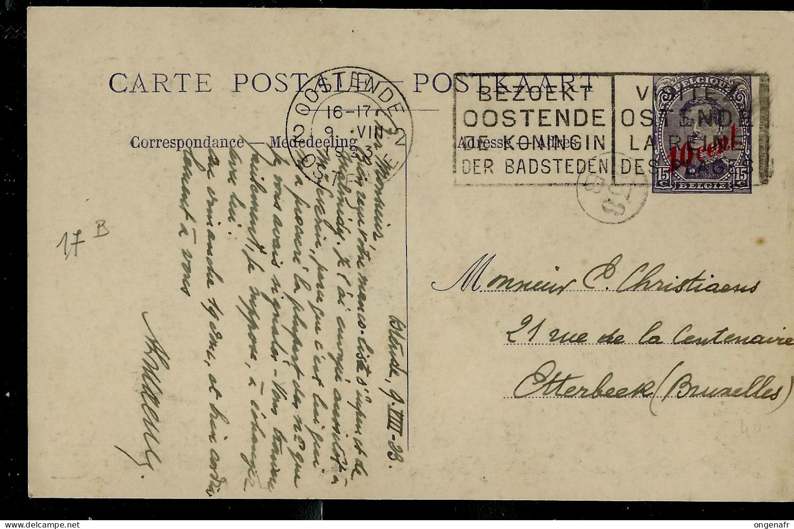 Carte Obl.  N° 17b. - Paquebots - Obl. OOSTENDE 09/08/1923 Vers Etterbeek - Schiffspost