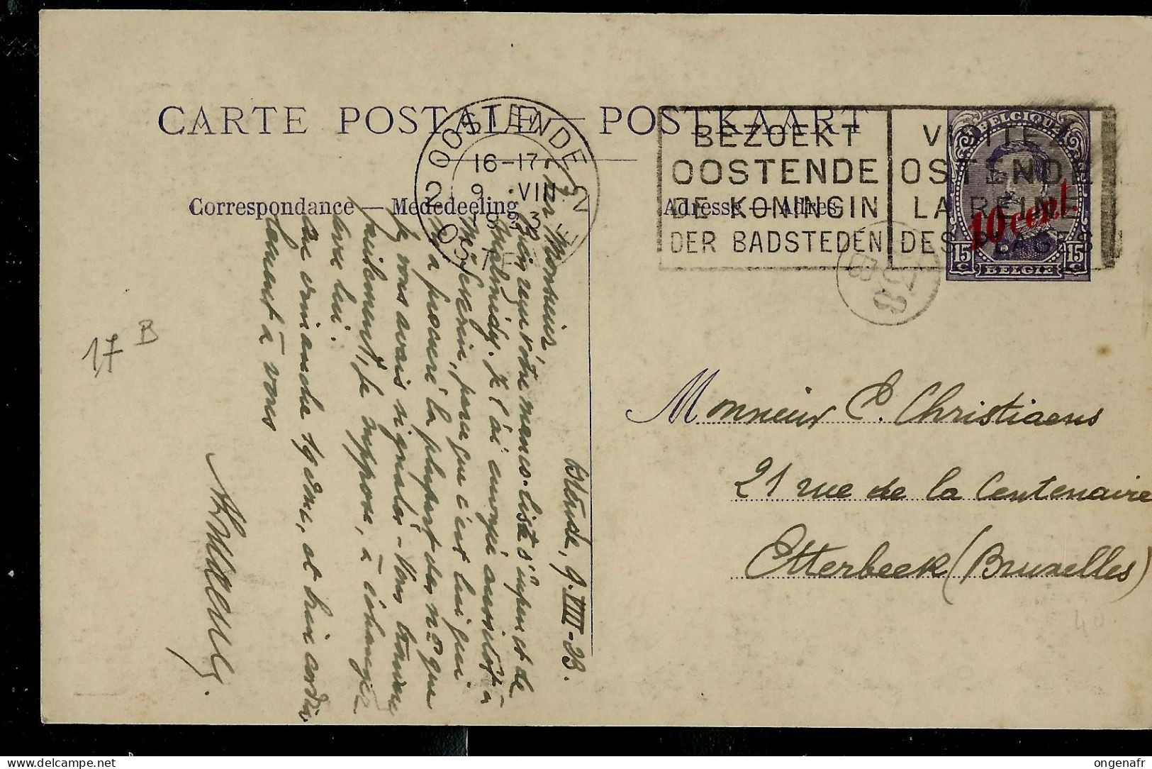 Carte Obl.  N° 17b. - Paquebots - Obl. OOSTENDE 09/08/1923 Vers Etterbeek - Cartes Paquebot