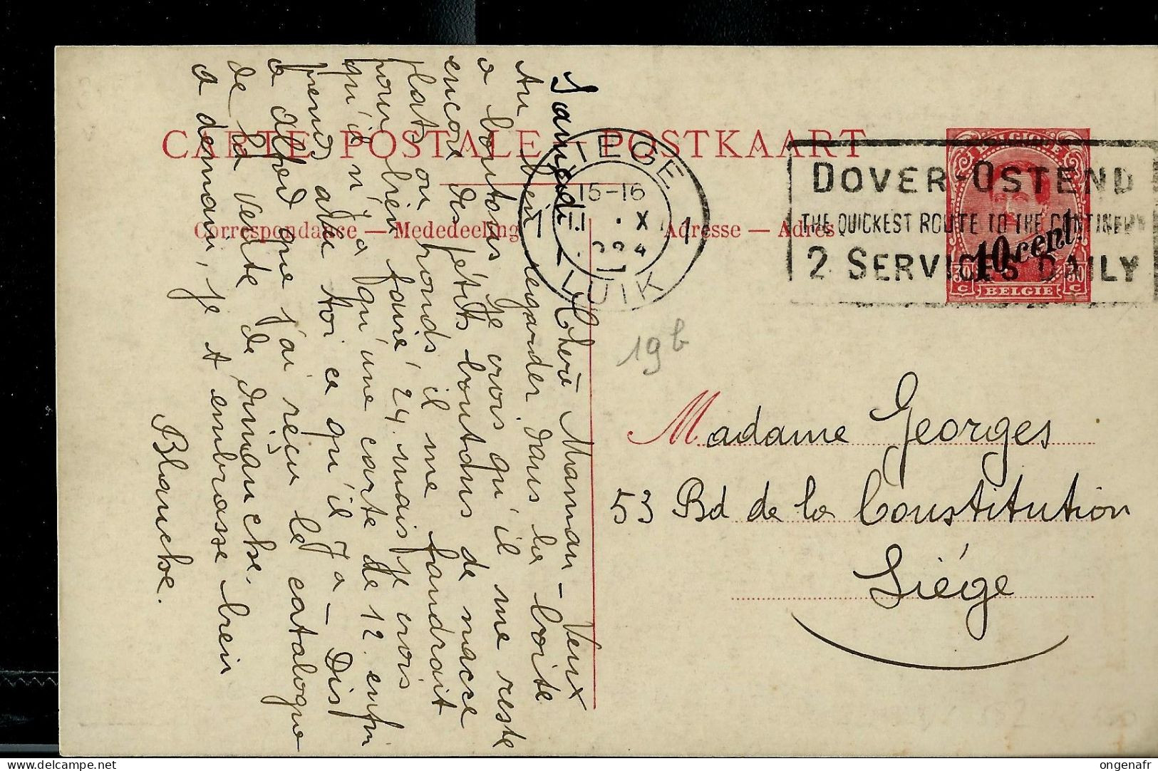 Carte Obl.  N° 19b. - Paquebots - Obl. LIEGE 11/10/1924 Pour Liège - Cartes Paquebot