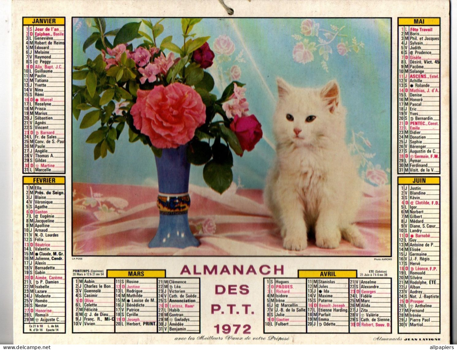 Calendrier Almanach Des P.T.T. 1972 Avec Chiot Et Chaton - Complet Région Nord De La France - Tamaño Grande : 1971-80