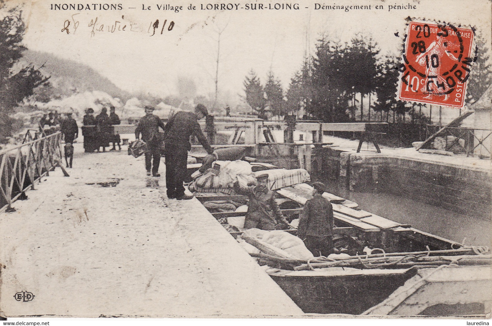 CP SEINE ET MARNE - INONDATIONS - LE VILLAGE DE LORROY SUR LOING - DEMENAGEMENT EN PENICHE - ECRITE EN 1910 - Floods