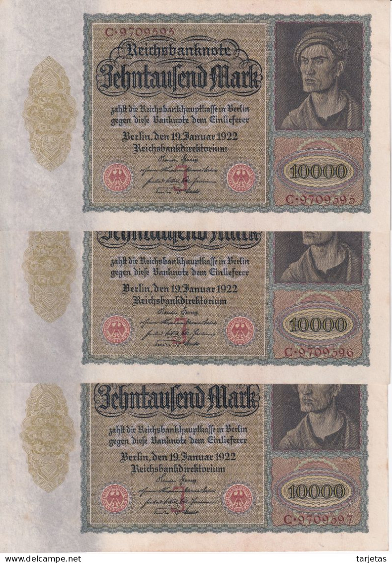 TRIO CORRELATIVO DE ALEMANIA DE 10000 MARK DEL AÑO 1922 CON LETRA J SIN CIRCULAR (UNC (ondulados) (BANKNOTE) - 10.000 Mark