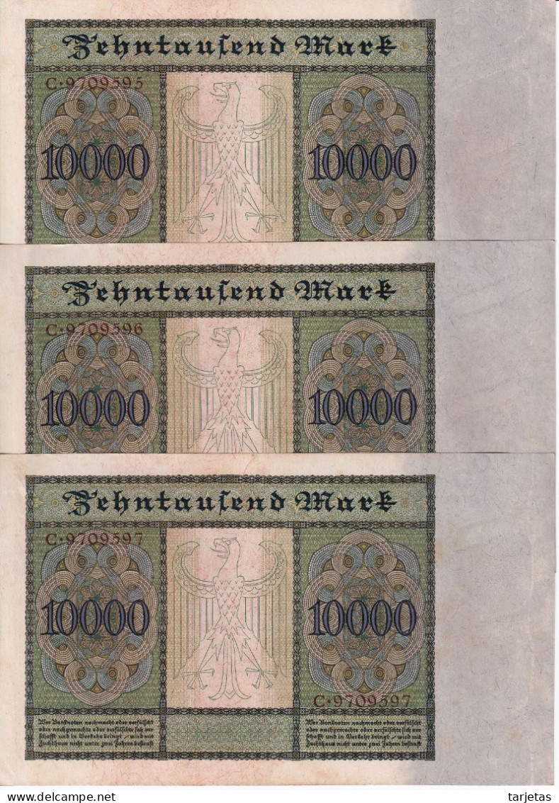 TRIO CORRELATIVO DE ALEMANIA DE 10000 MARK DEL AÑO 1922 CON LETRA J SIN CIRCULAR (UNC (ondulados) (BANKNOTE) - 10000 Mark