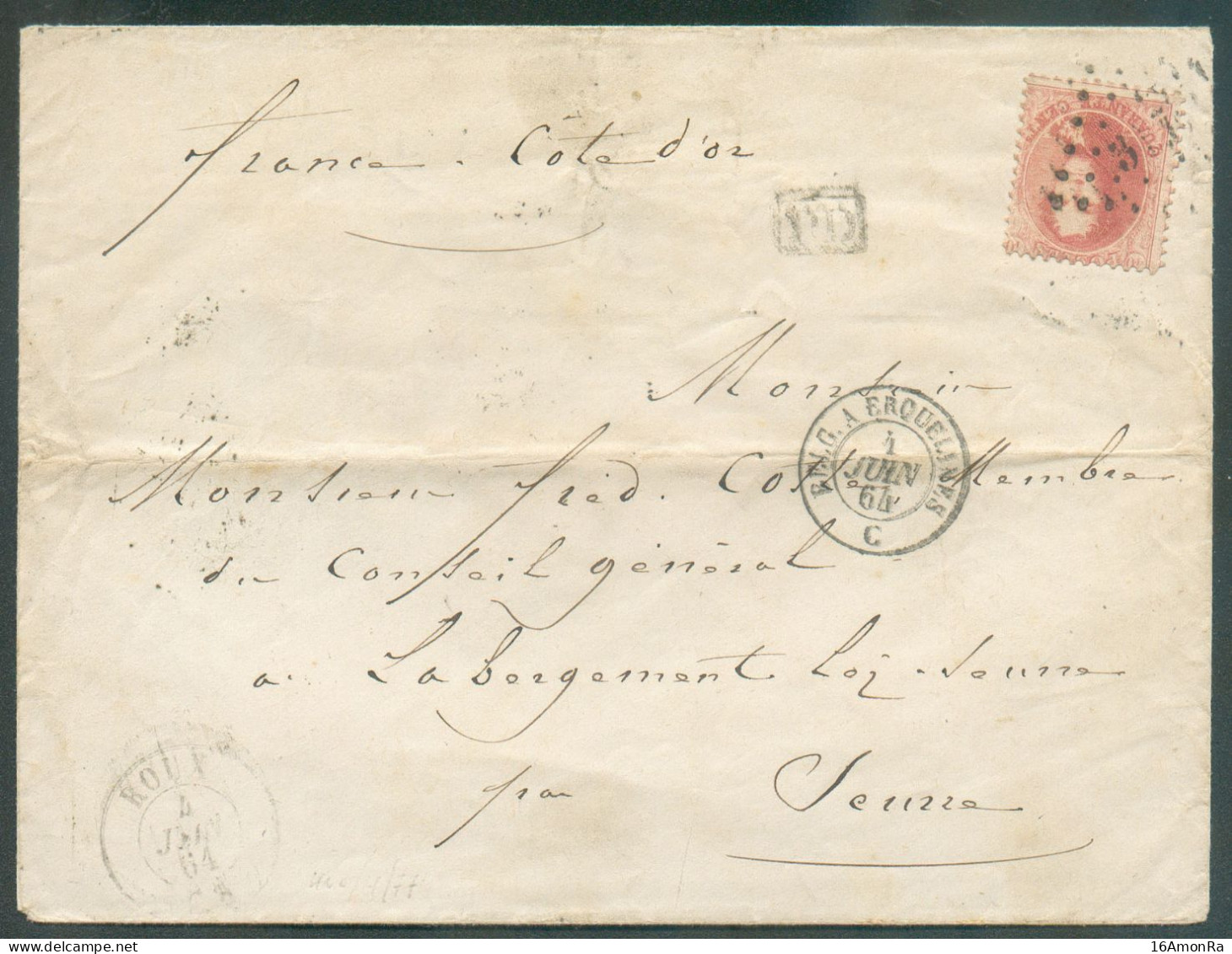 N°16A - Médaillon 40 Centimes Carmin-rose Obl. LP.317 Sur Enveloppe De ROUX Le 4 Juin 1864 Vers Seurre (F), Via Ambulant - 1863-1864 Médaillons (13/16)